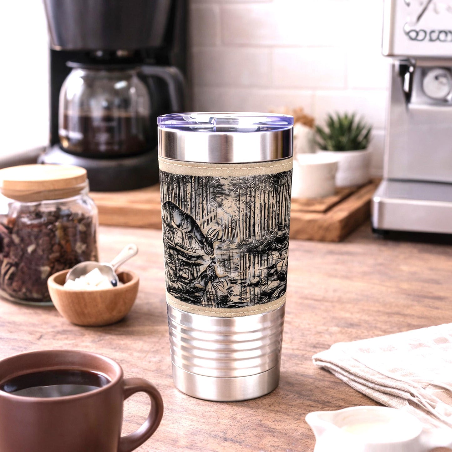 Deer Reflection Travel Tumbler – Personalized Leatherette Wrap, Buck & Stream Art, Perfect Gift for Dad