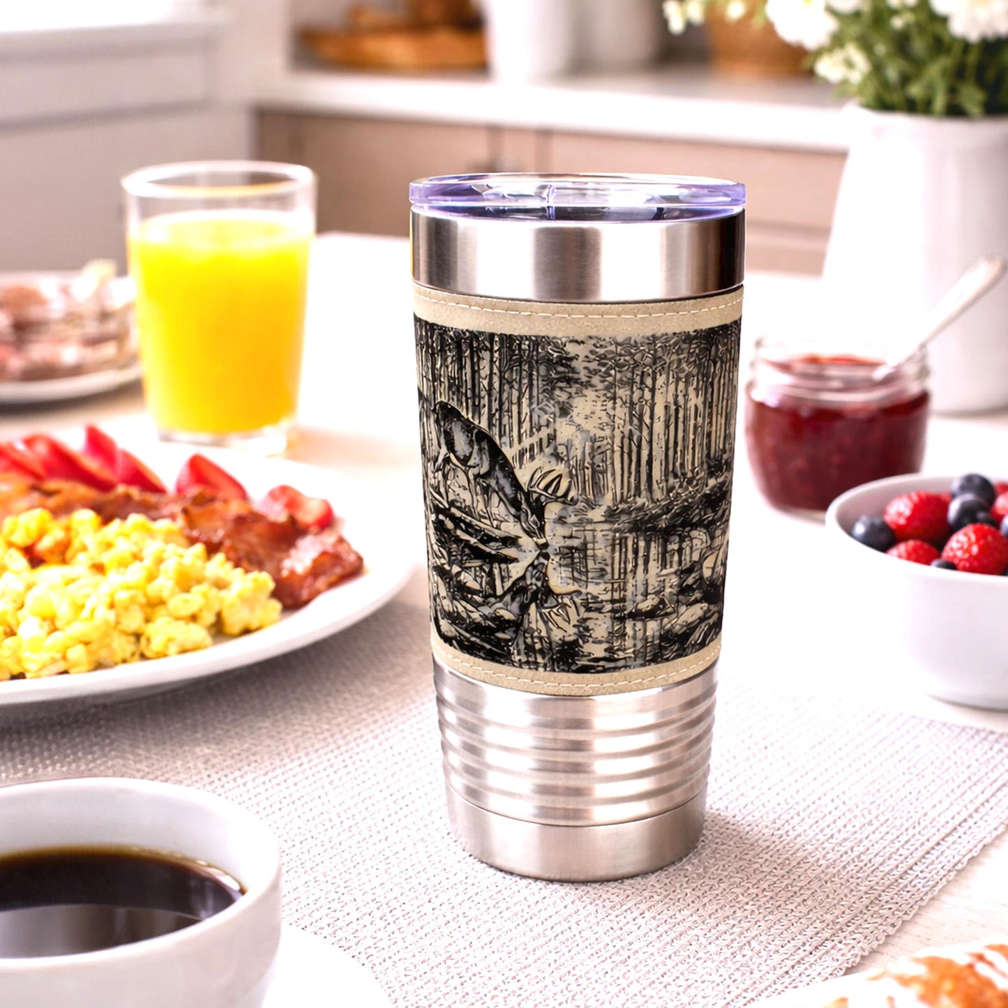 Deer Reflection Travel Tumbler – Personalized Leatherette Wrap, Buck & Stream Art, Perfect Gift for Dad