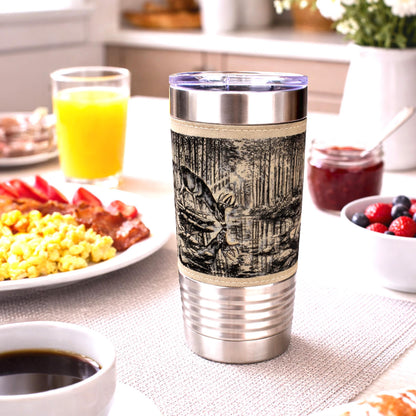 Deer Reflection Travel Tumbler – Personalized Leatherette Wrap, Buck & Stream Art, Perfect Gift for Dad