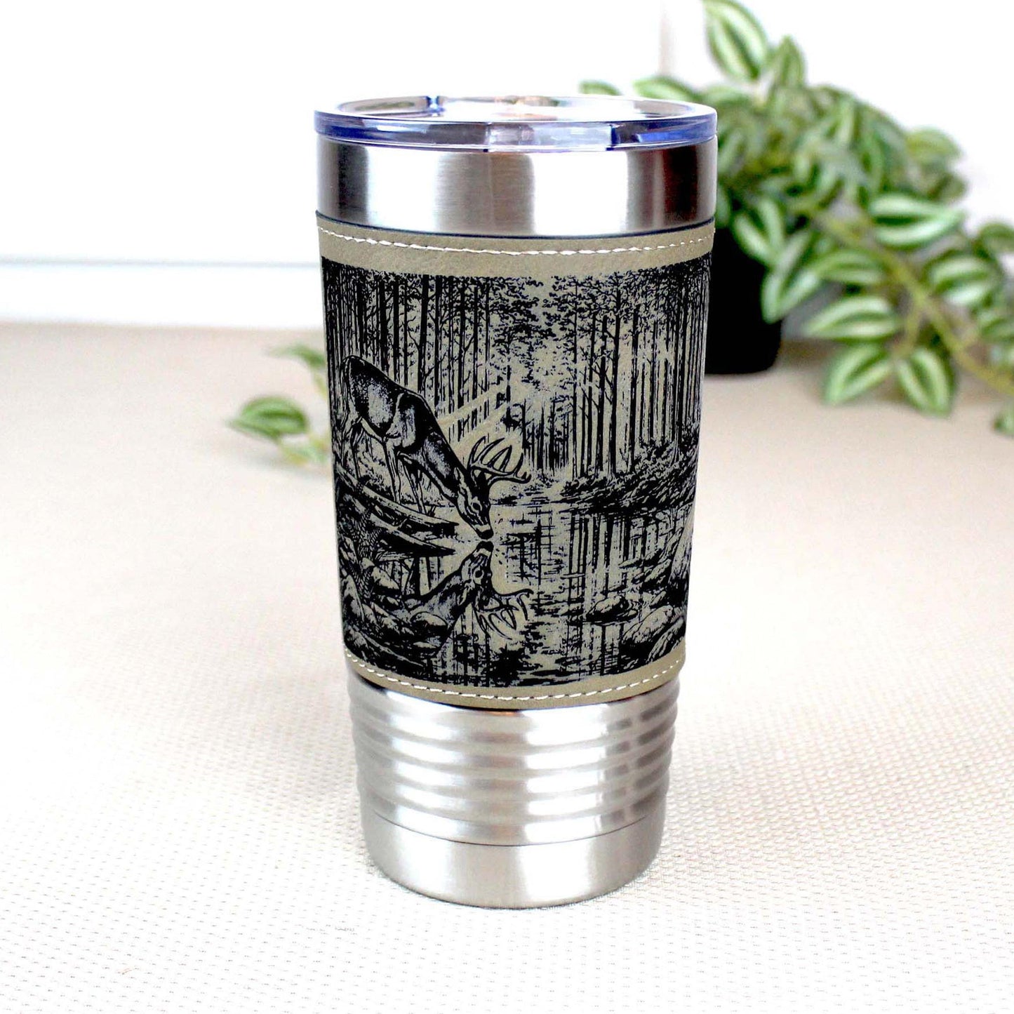 Deer Reflection Travel Tumbler – Personalized Leatherette Wrap, Buck & Stream Art, Perfect Gift for Dad