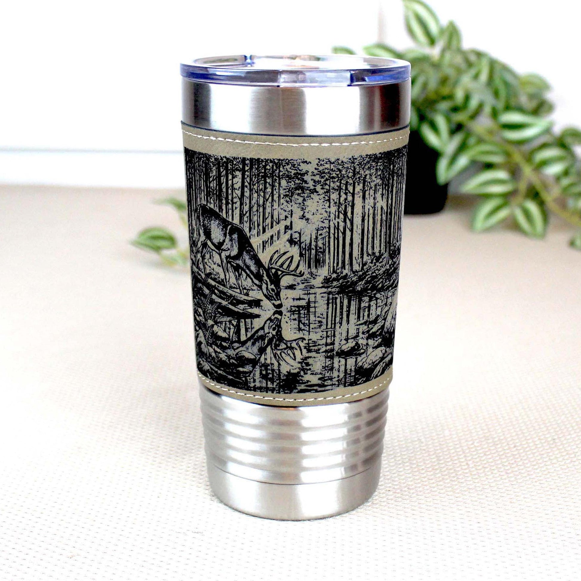 Deer Reflection Travel Tumbler – Personalized Leatherette Wrap, Buck & Stream Art, Perfect Gift for Dad