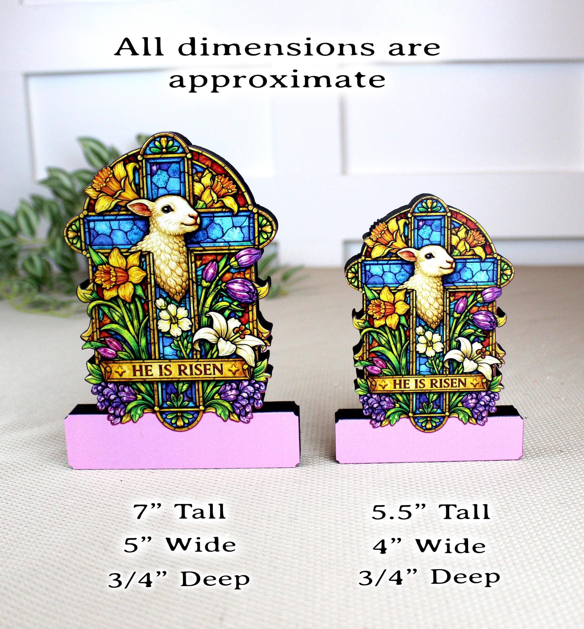 He Is Risen Easter Shelf Sitter – Wooden Stained-Glass Style Cross with Lamb, Personalized Christian Mantel Decor