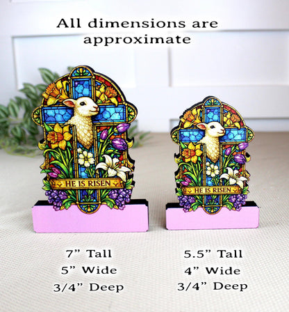 He Is Risen Easter Shelf Sitter – Wooden Stained-Glass Style Cross with Lamb, Personalized Christian Mantel Decor