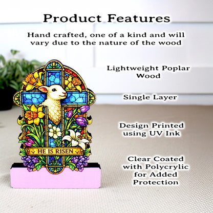 He Is Risen Easter Shelf Sitter – Wooden Stained-Glass Style Cross with Lamb, Personalized Christian Mantel Decor