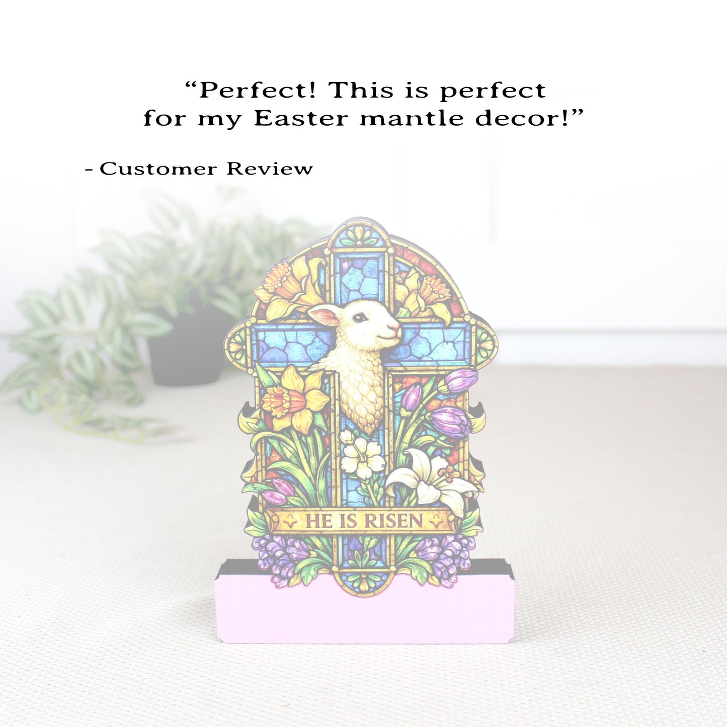 He Is Risen Easter Shelf Sitter – Wooden Stained-Glass Style Cross with Lamb, Personalized Christian Mantel Decor
