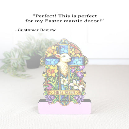 He Is Risen Easter Shelf Sitter – Wooden Stained-Glass Style Cross with Lamb, Personalized Christian Mantel Decor