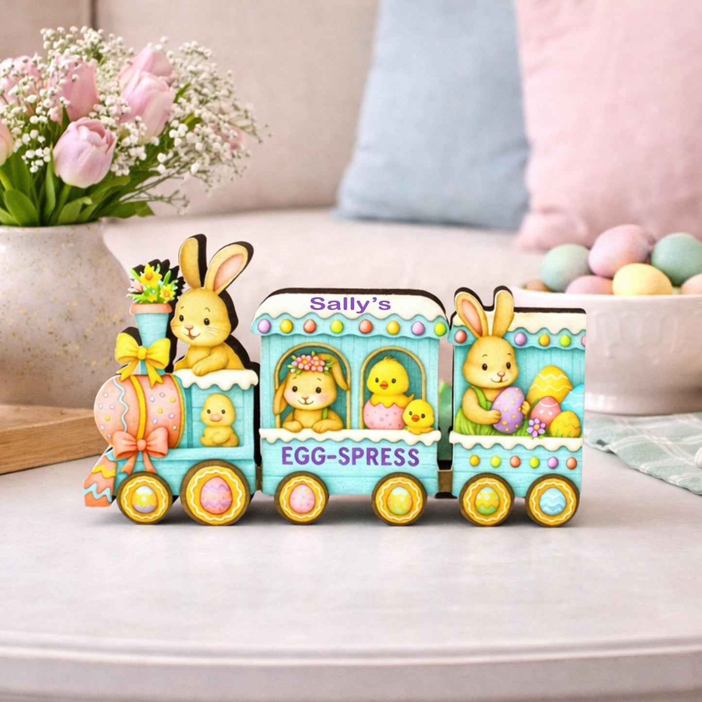 Easter Train Shelf Sitter – Bunnies, Chicks & Eggs, Personalized Wooden Spring Mantel Decor
