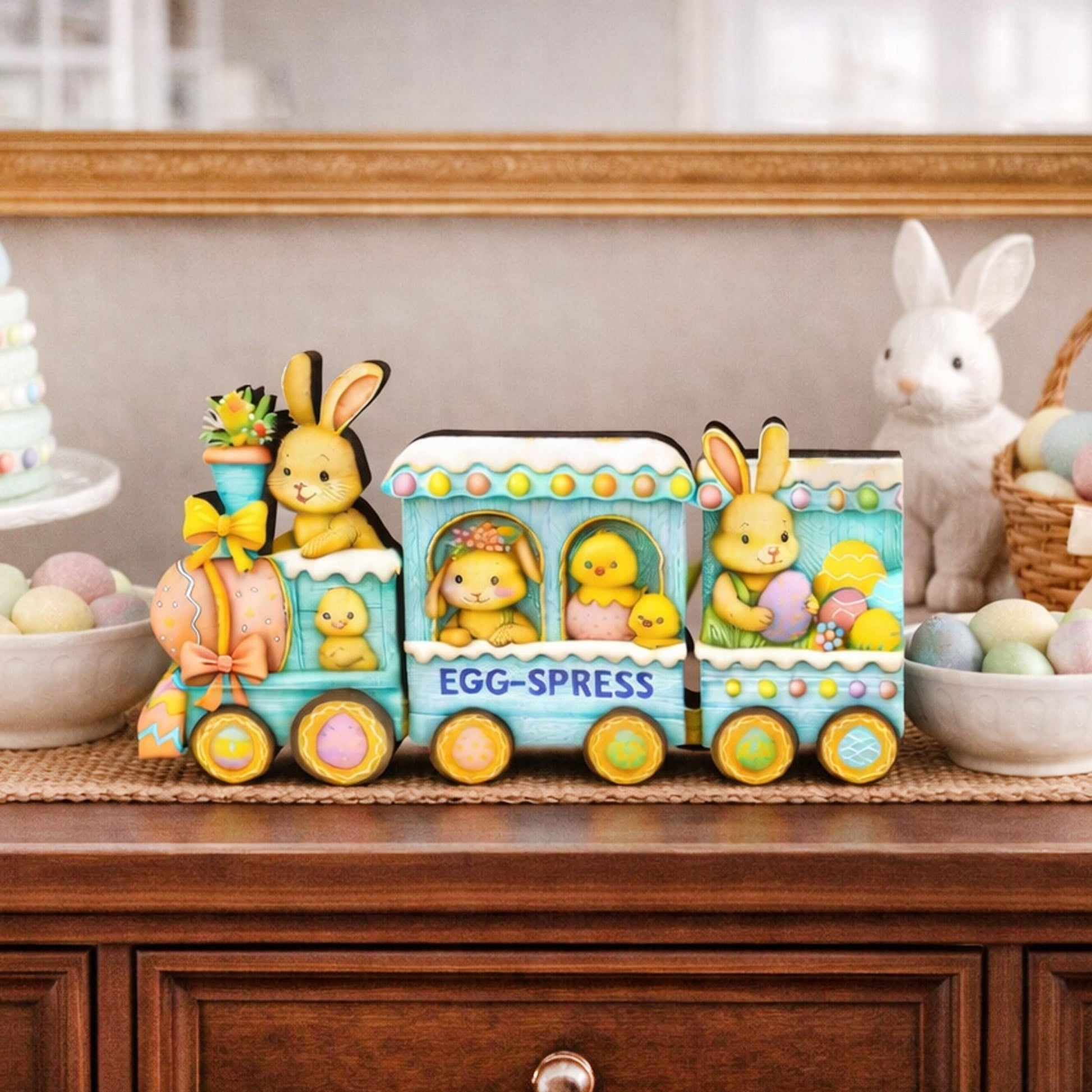 Easter Train Shelf Sitter – Bunnies, Chicks & Eggs, Personalized Wooden Spring Mantel Decor