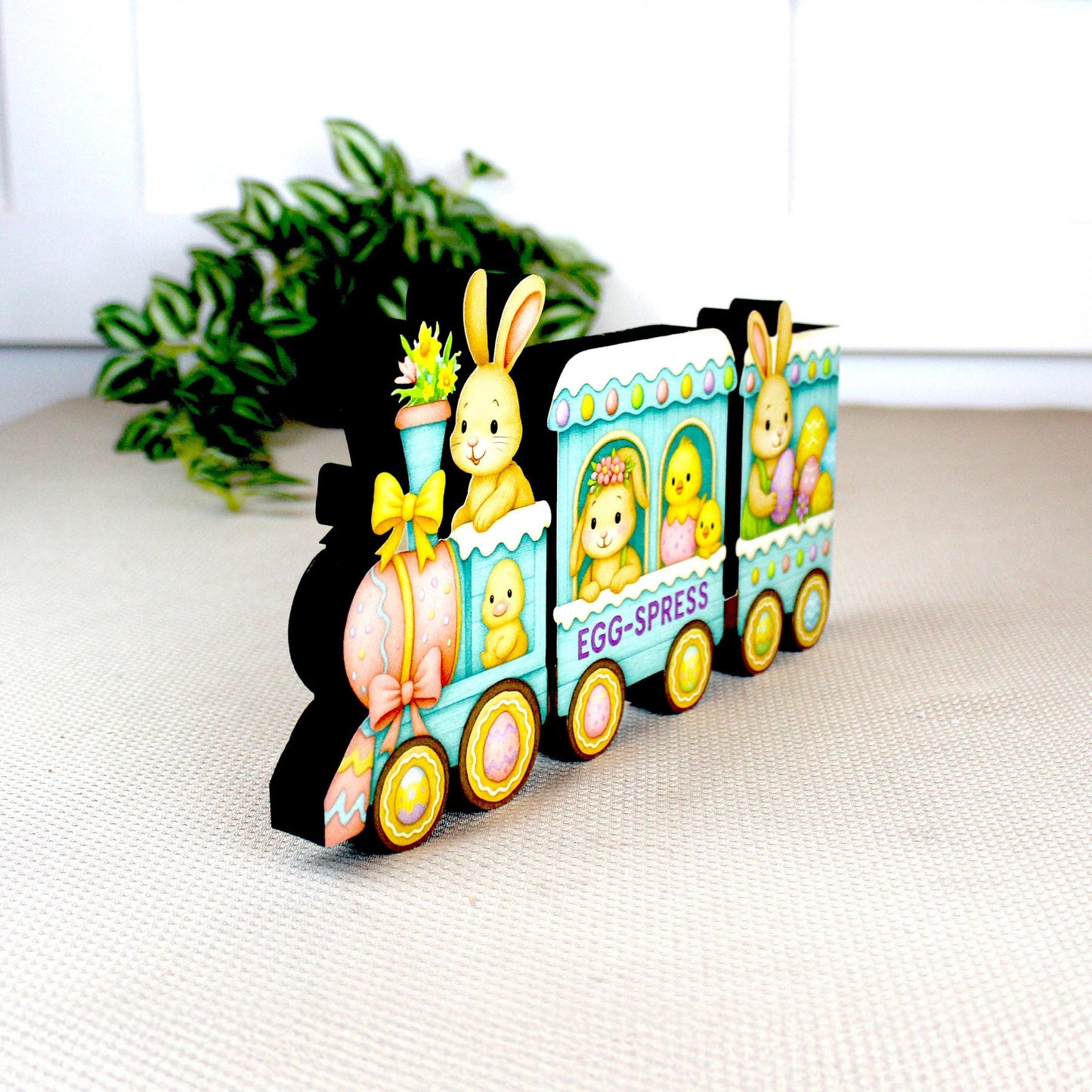 Easter Train Shelf Sitter – Bunnies, Chicks & Eggs, Personalized Wooden Spring Mantel Decor