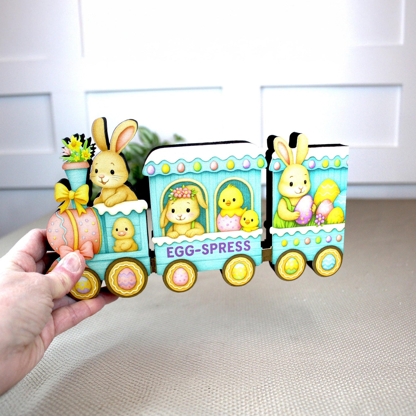 Easter Train Shelf Sitter – Bunnies, Chicks & Eggs, Personalized Wooden Spring Mantel Decor