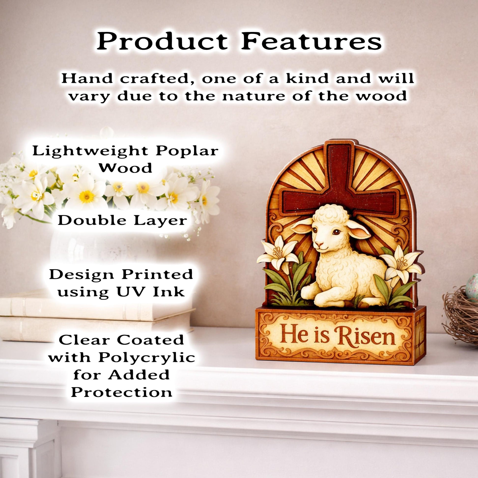 He Is Risen Lamb & Cross Easter Shelf Sitter – Personalized Wooden Christian Mantel Decor