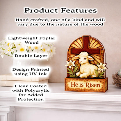 He Is Risen Lamb & Cross Easter Shelf Sitter – Personalized Wooden Christian Mantel Decor