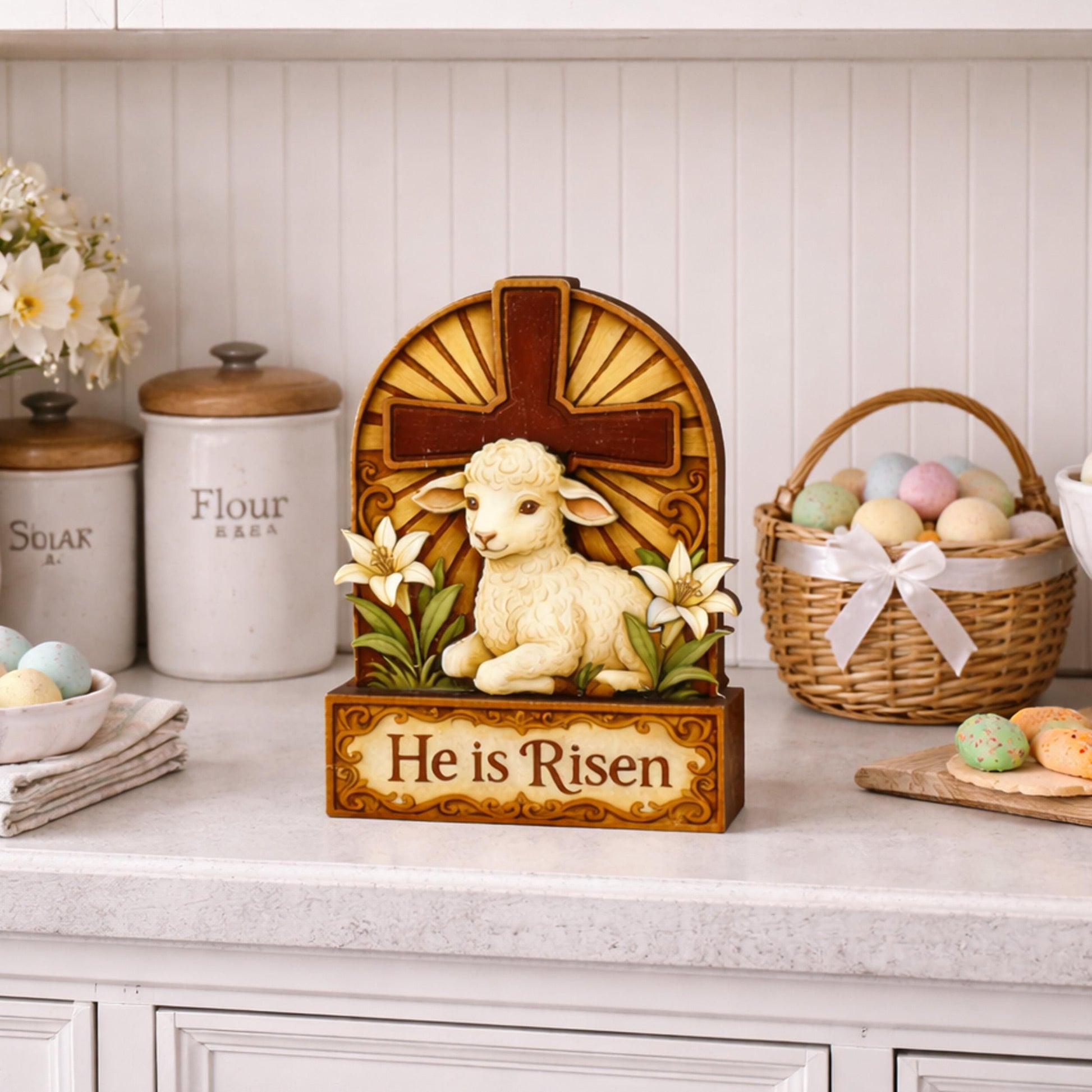 He Is Risen Lamb & Cross Easter Shelf Sitter – Personalized Wooden Christian Mantel Decor