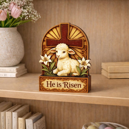 He Is Risen Lamb & Cross Easter Shelf Sitter – Personalized Wooden Christian Mantel Decor