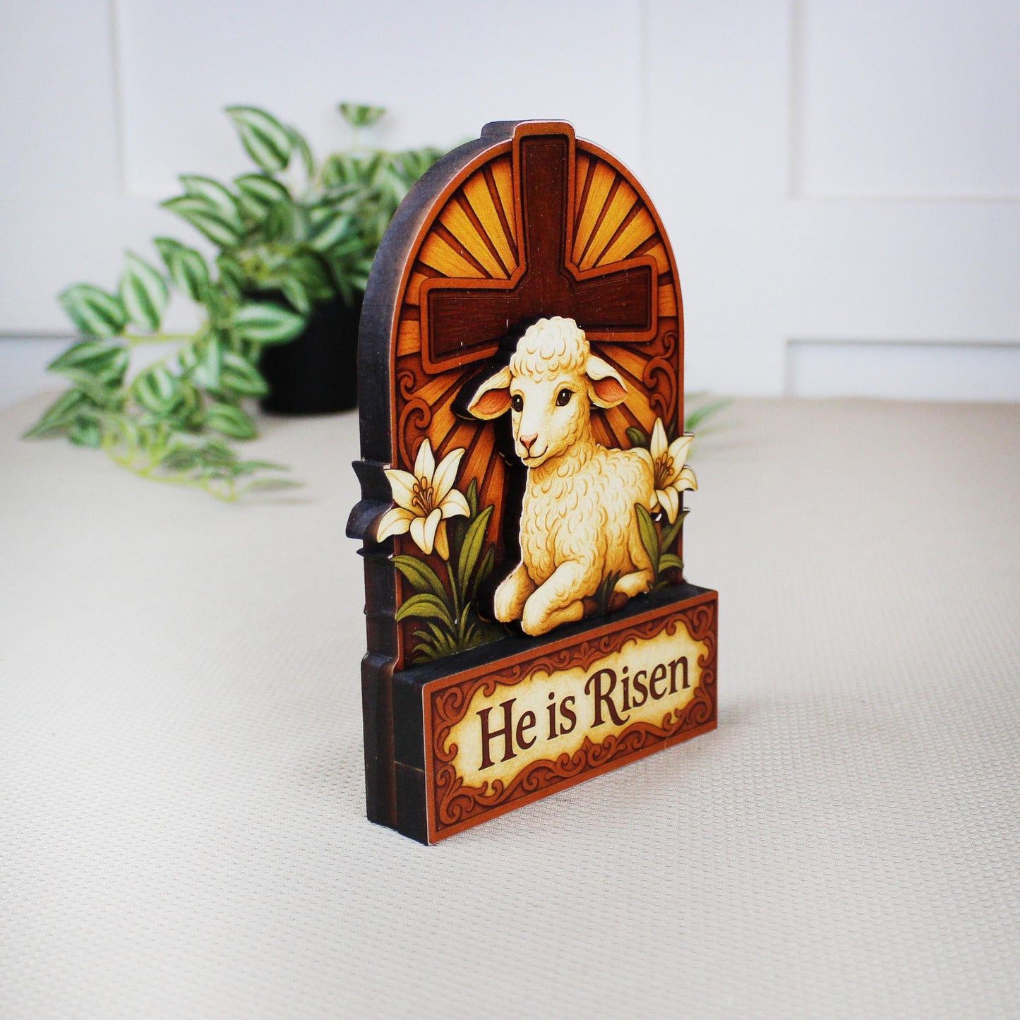 He Is Risen Lamb & Cross Easter Shelf Sitter – Personalized Wooden Christian Mantel Decor