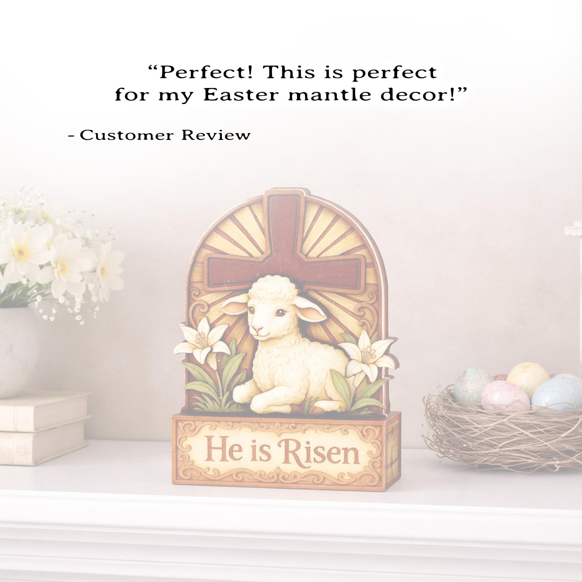 He Is Risen Lamb & Cross Easter Shelf Sitter – Personalized Wooden Christian Mantel Decor