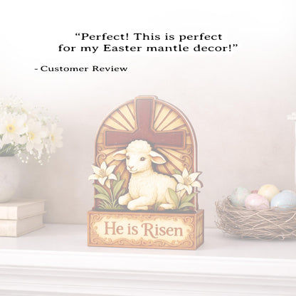 He Is Risen Lamb & Cross Easter Shelf Sitter – Personalized Wooden Christian Mantel Decor