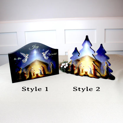 Nativity Scene Shelf Sitter – “Joy to the World” Personalized Wooden Manger Decor