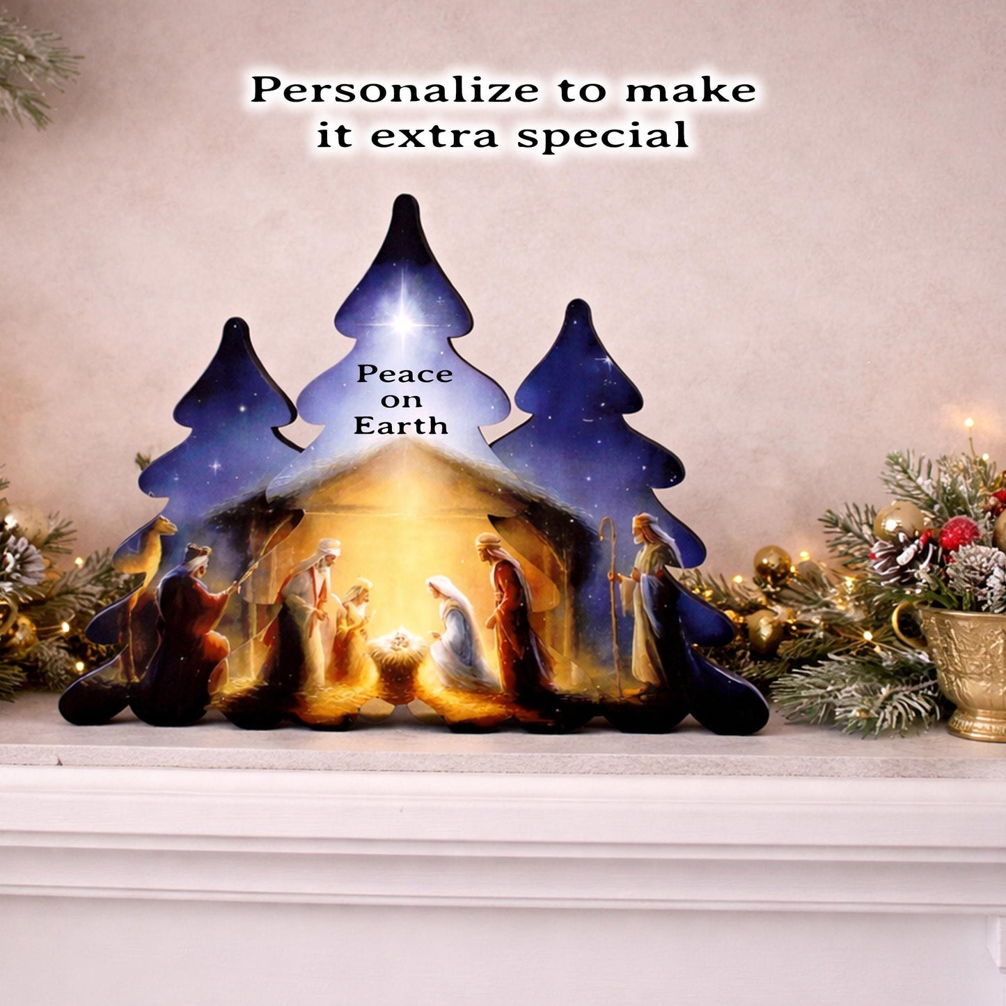 Nativity Scene Shelf Sitter – Personalized Wooden Manger Display, Christmas Mantel Decor