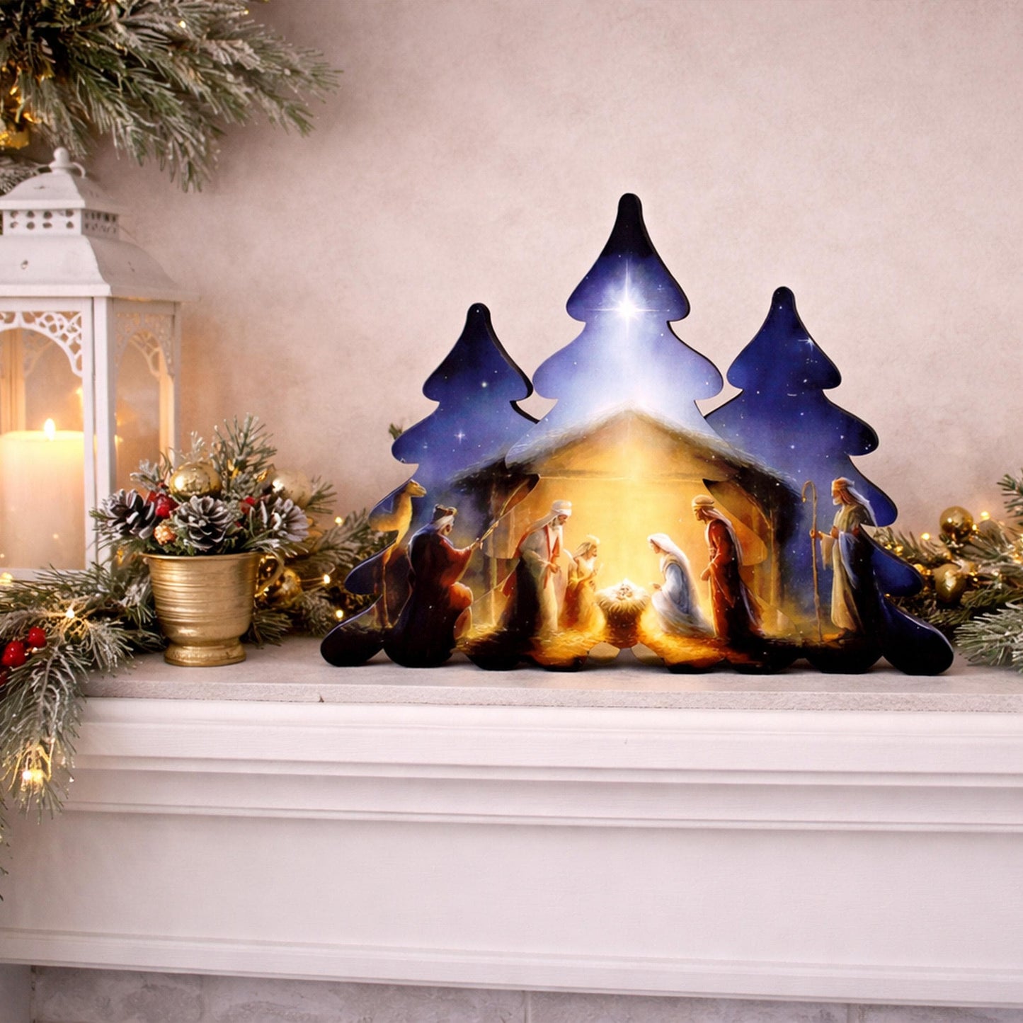 Nativity Scene Shelf Sitter – Personalized Wooden Manger Display, Christmas Mantel Decor