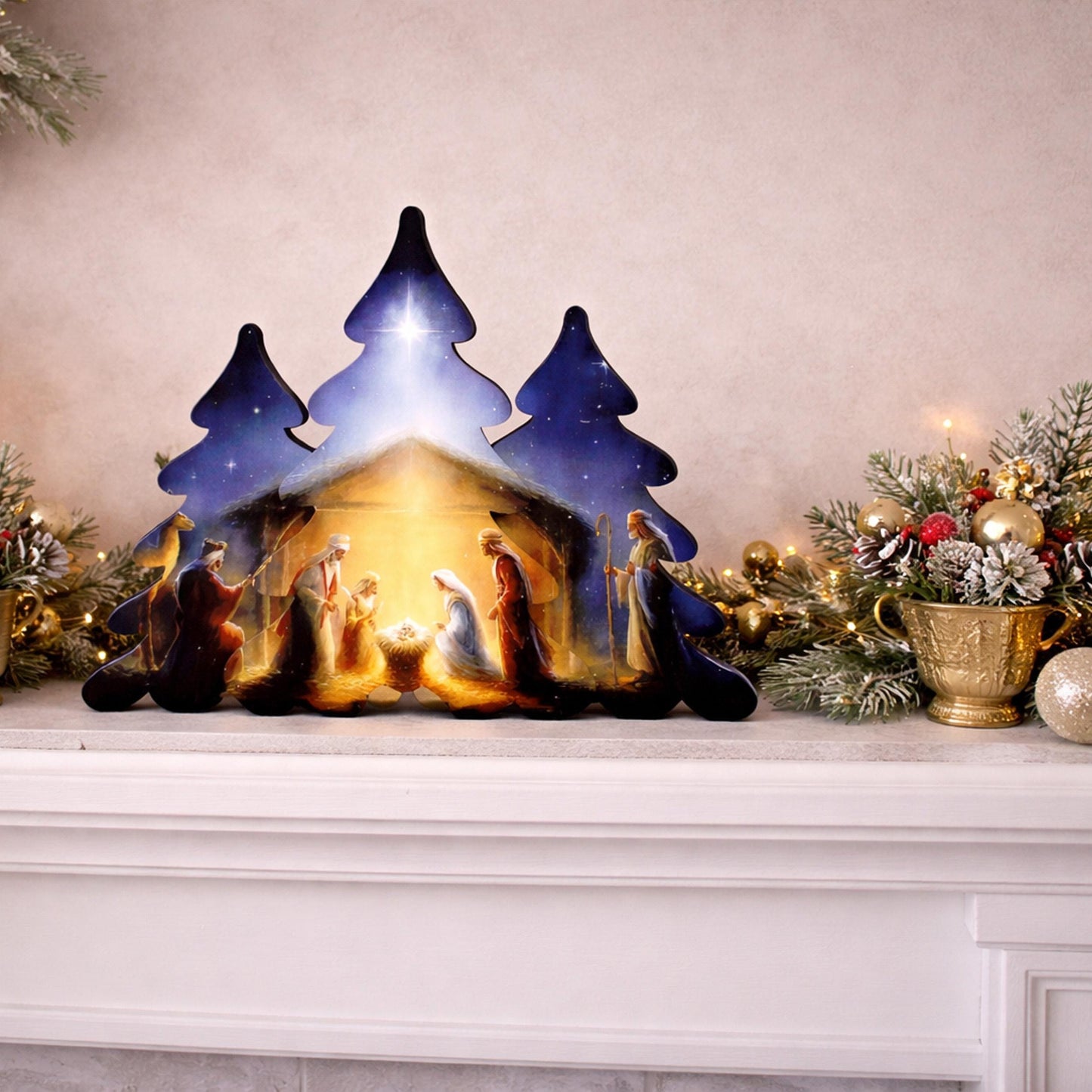 Nativity Scene Shelf Sitter – Personalized Wooden Manger Display, Christmas Mantel Decor