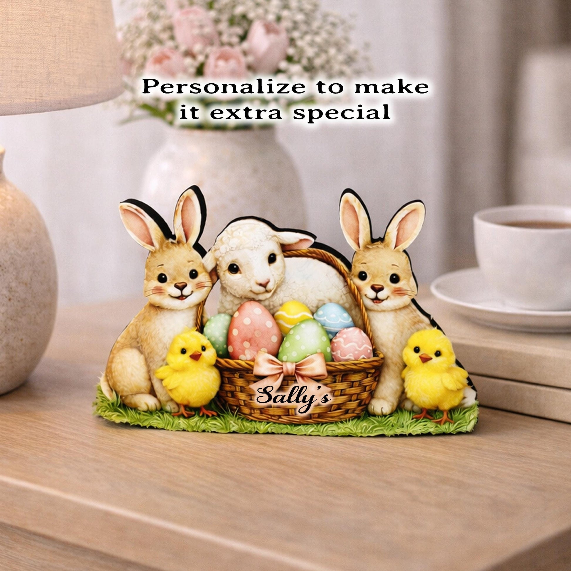 Easter Shelf Sitter – Bunnies, Lamb & Chicks with Eggs Basket, Personalized Wooden Mantel Decor, Perfect Mantel and Tiered Tray Decor
