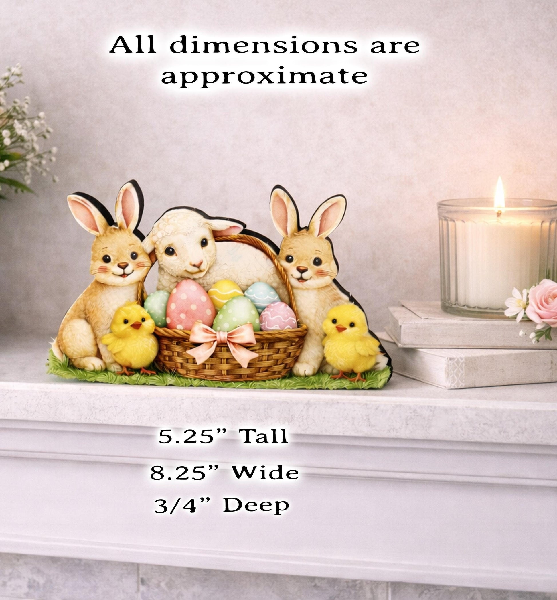 Easter Shelf Sitter – Bunnies, Lamb & Chicks with Eggs Basket, Personalized Wooden Mantel Decor, Perfect Mantel and Tiered Tray Decor