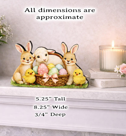 Easter Shelf Sitter – Bunnies, Lamb & Chicks with Eggs Basket, Personalized Wooden Mantel Decor, Perfect Mantel and Tiered Tray Decor