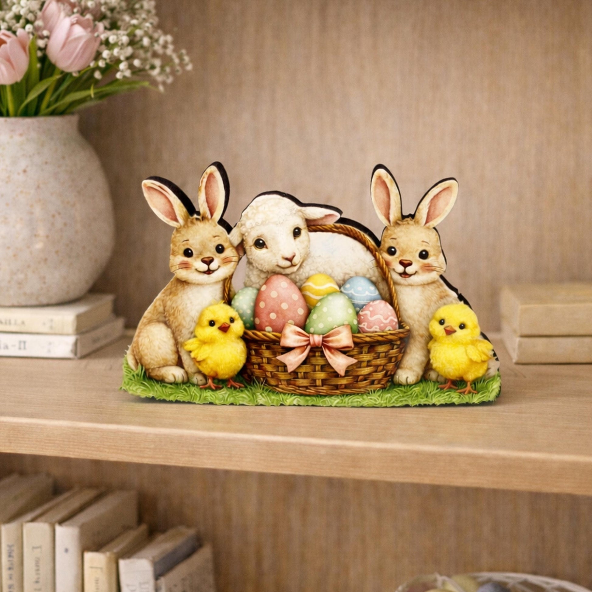 Easter Shelf Sitter – Bunnies, Lamb & Chicks with Eggs Basket, Personalized Wooden Mantel Decor, Perfect Mantel and Tiered Tray Decor