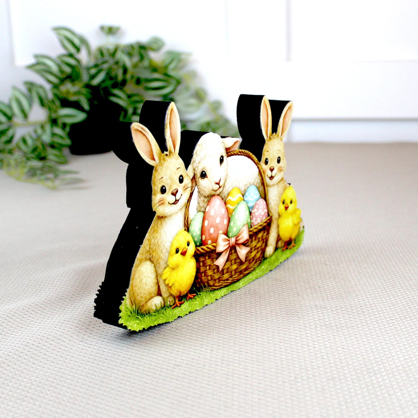 Easter Shelf Sitter – Bunnies, Lamb & Chicks with Eggs Basket, Personalized Wooden Mantel Decor, Perfect Mantel and Tiered Tray Decor