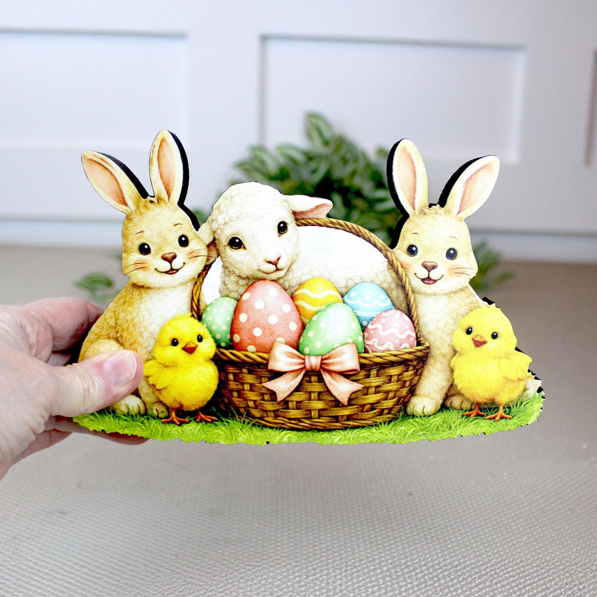 Easter Shelf Sitter – Bunnies, Lamb & Chicks with Eggs Basket, Personalized Wooden Mantel Decor, Perfect Mantel and Tiered Tray Decor