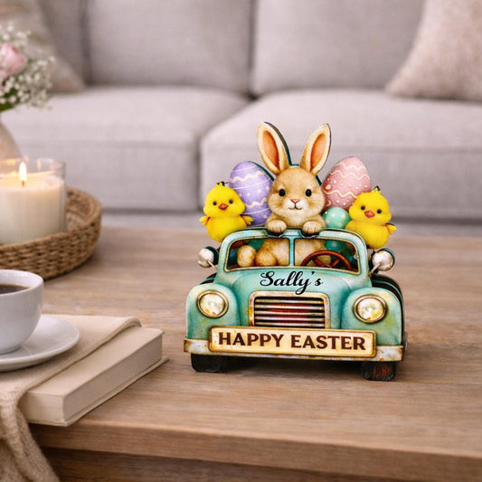 Easter Truck Shelf Sitter – Bunny & Chicks with Eggs, Personalized Wooden Spring Decor, Perfect for Mantels, Shelves and Tiered Trays