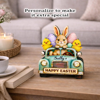 Easter Truck Shelf Sitter – Bunny & Chicks with Eggs, Personalized Wooden Spring Decor, Perfect for Mantels, Shelves and Tiered Trays