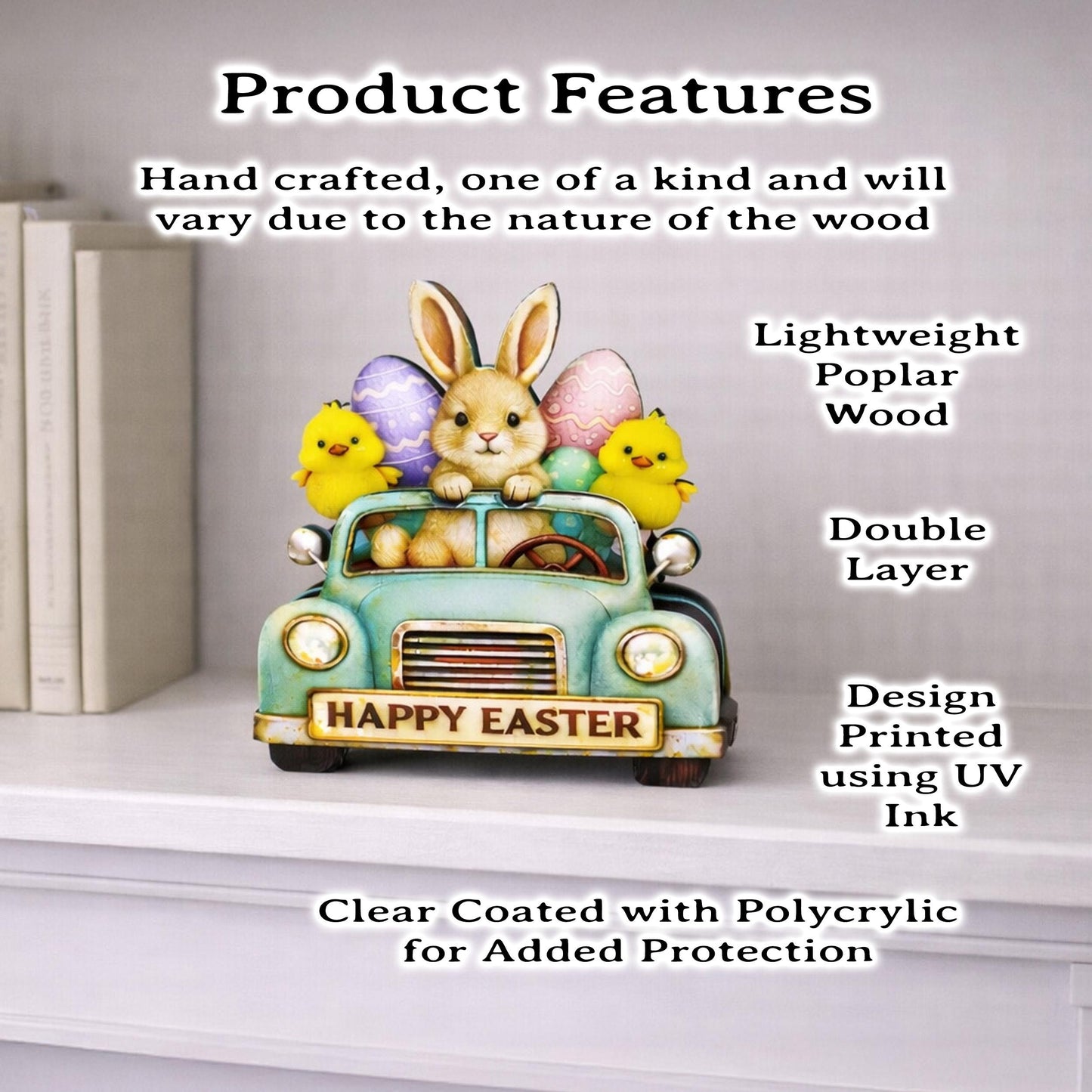 Easter Truck Shelf Sitter – Bunny & Chicks with Eggs, Personalized Wooden Spring Decor, Perfect for Mantels, Shelves and Tiered Trays