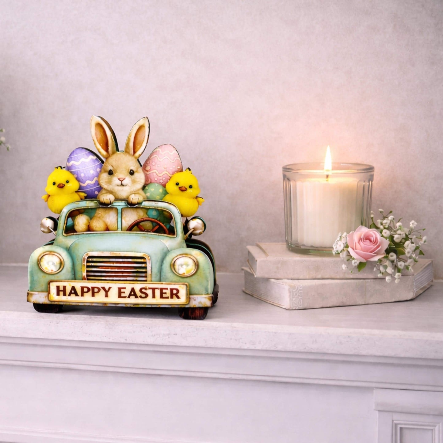 Easter Truck Shelf Sitter – Bunny & Chicks with Eggs, Personalized Wooden Spring Decor, Perfect for Mantels, Shelves and Tiered Trays
