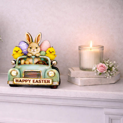 Easter Truck Shelf Sitter – Bunny & Chicks with Eggs, Personalized Wooden Spring Decor, Perfect for Mantels, Shelves and Tiered Trays