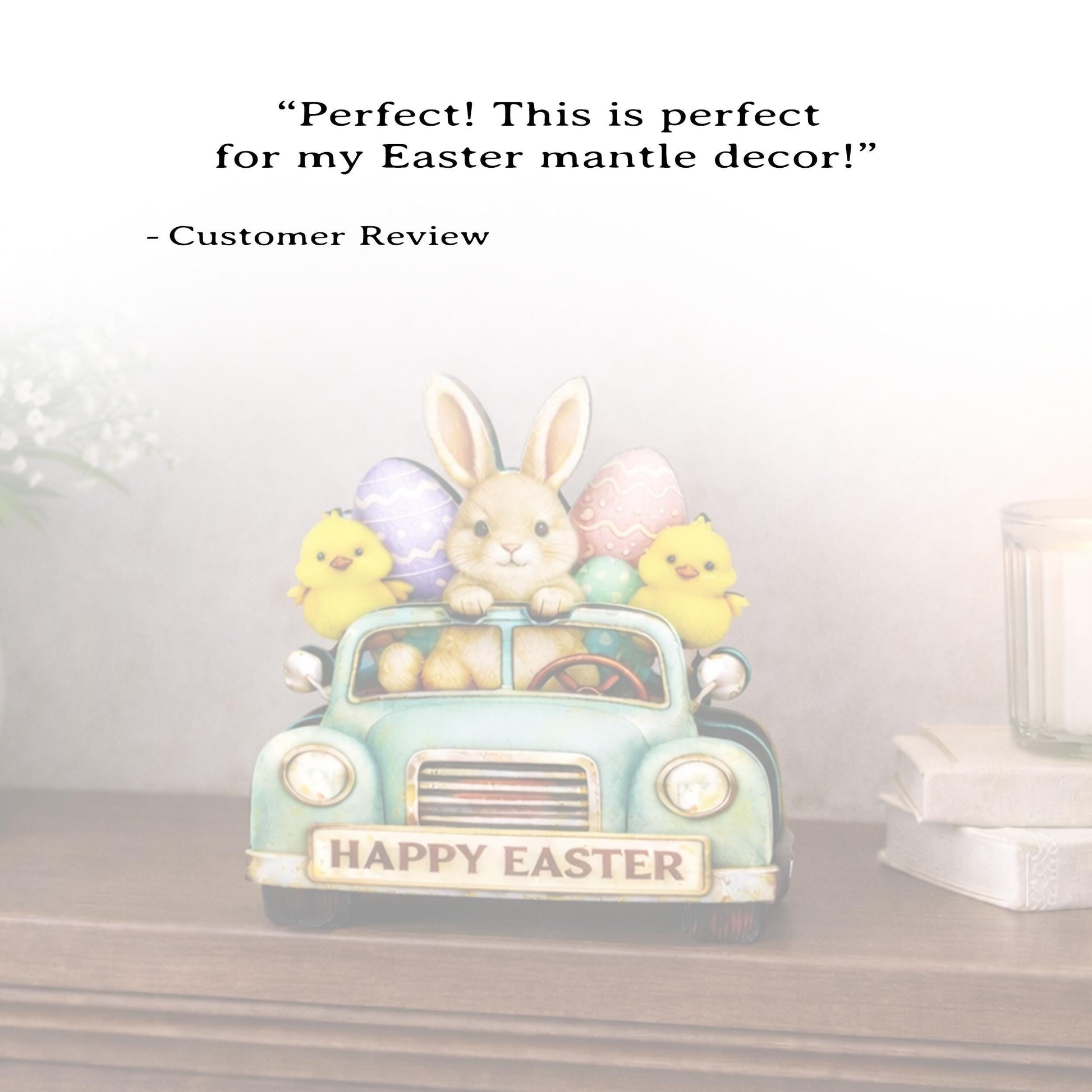 Easter Truck Shelf Sitter – Bunny & Chicks with Eggs, Personalized Wooden Spring Decor, Perfect for Mantels, Shelves and Tiered Trays