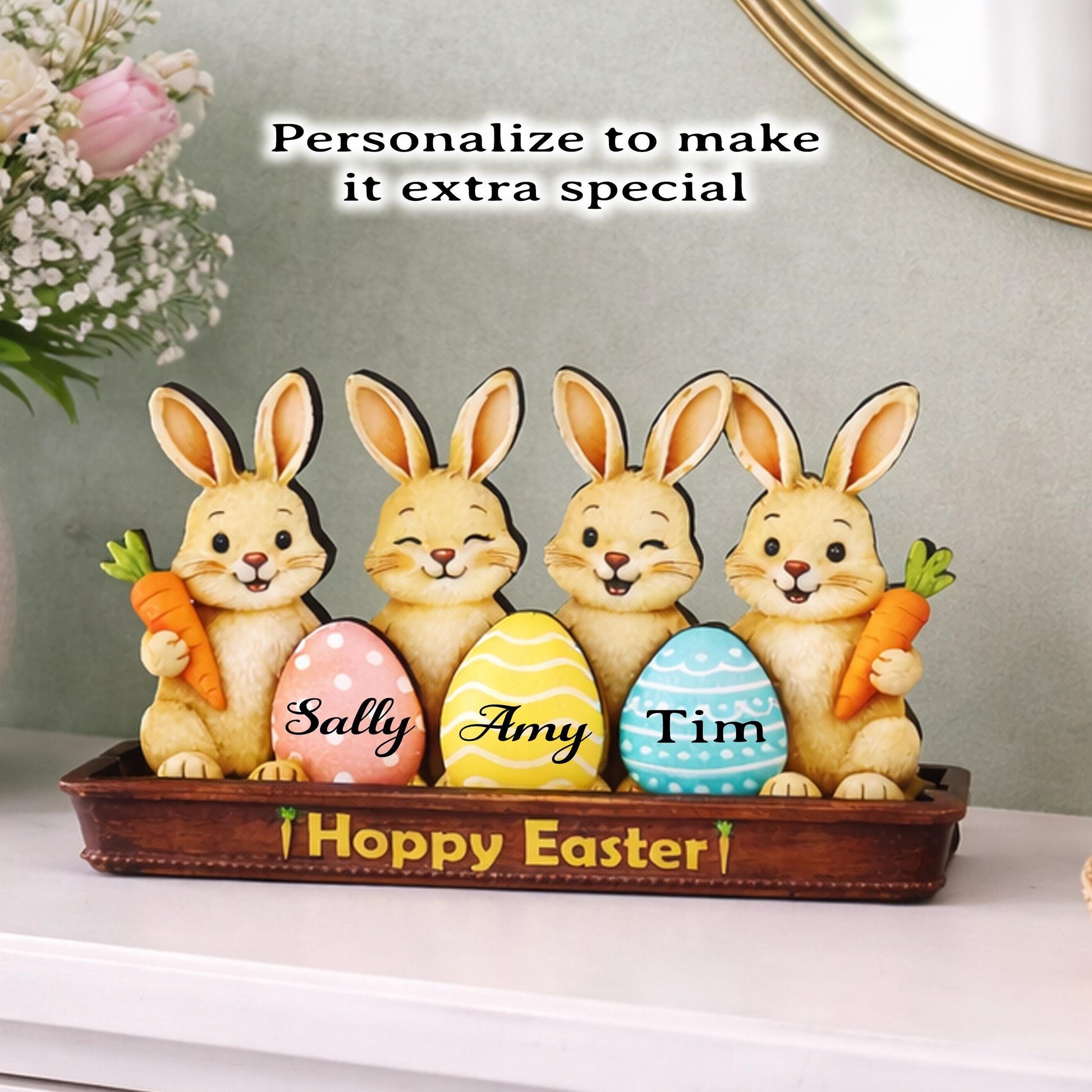 Bunnies in an Easter Basket With Eggs Shelf Sitter – Personalized Wooden Spring Mantel Decor, Perfect Mantel Decor or Tiered Tray