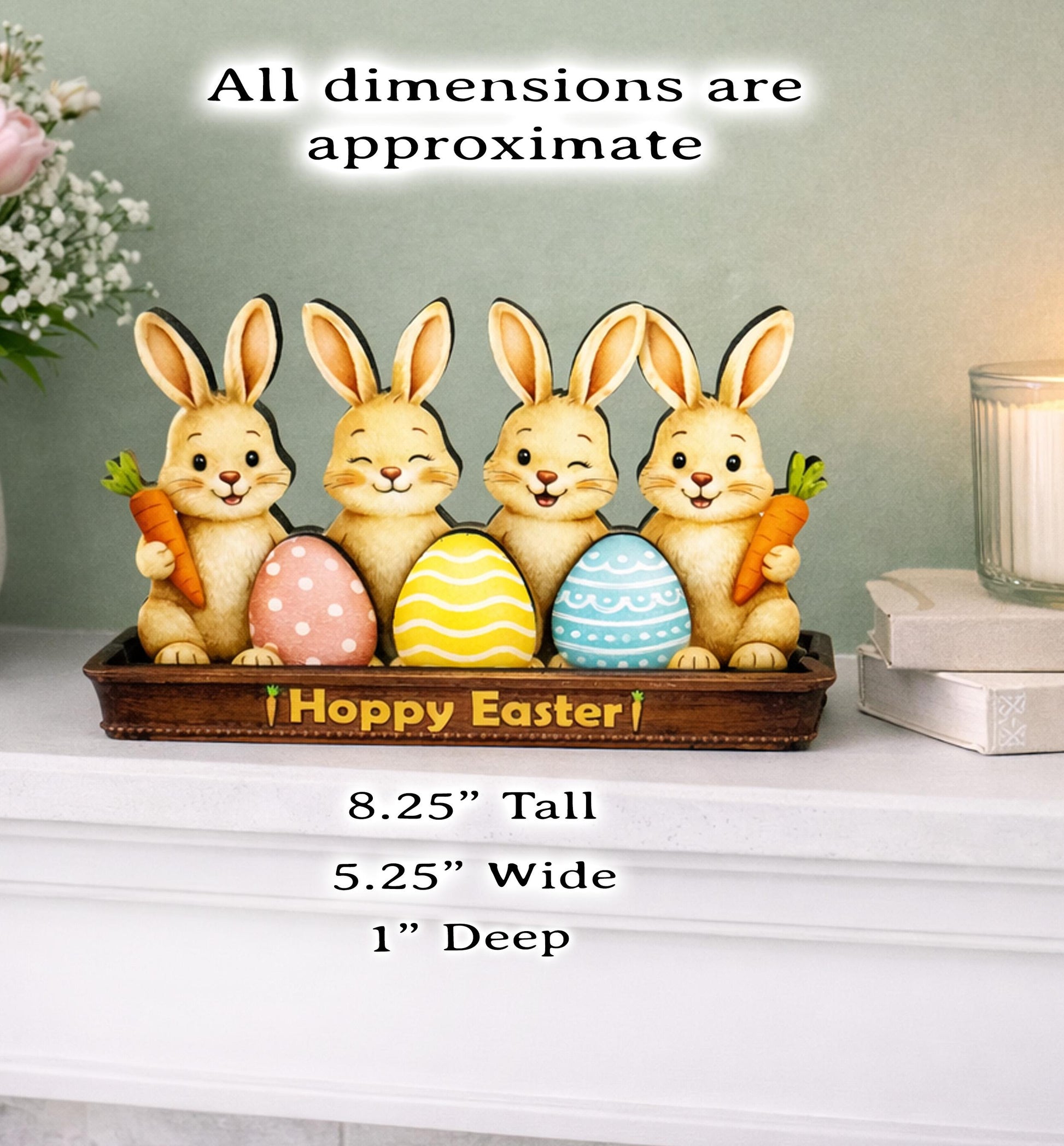 Bunnies in an Easter Basket With Eggs Shelf Sitter – Personalized Wooden Spring Mantel Decor, Perfect Mantel Decor or Tiered Tray