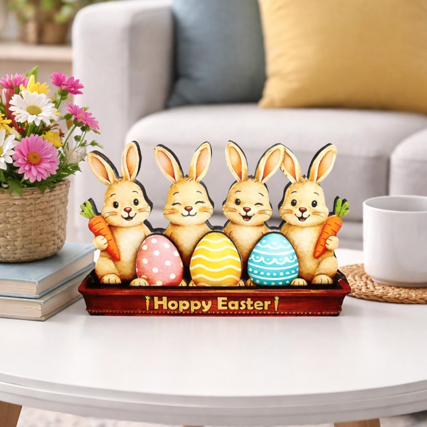 Bunnies in an Easter Basket With Eggs Shelf Sitter – Personalized Wooden Spring Mantel Decor, Perfect Mantel Decor or Tiered Tray