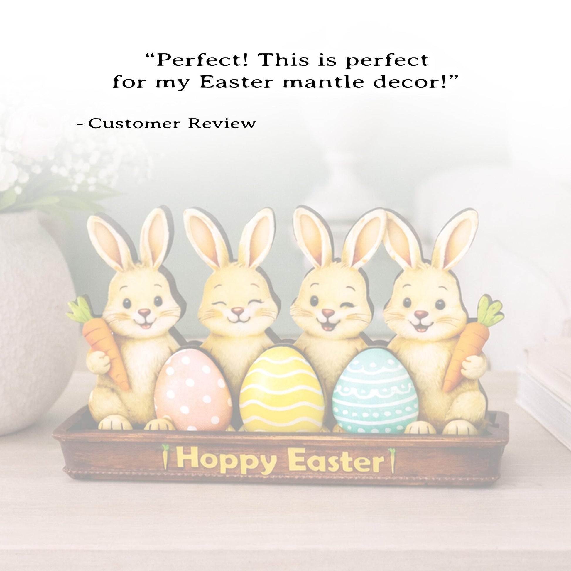 Bunnies in an Easter Basket With Eggs Shelf Sitter – Personalized Wooden Spring Mantel Decor, Perfect Mantel Decor or Tiered Tray