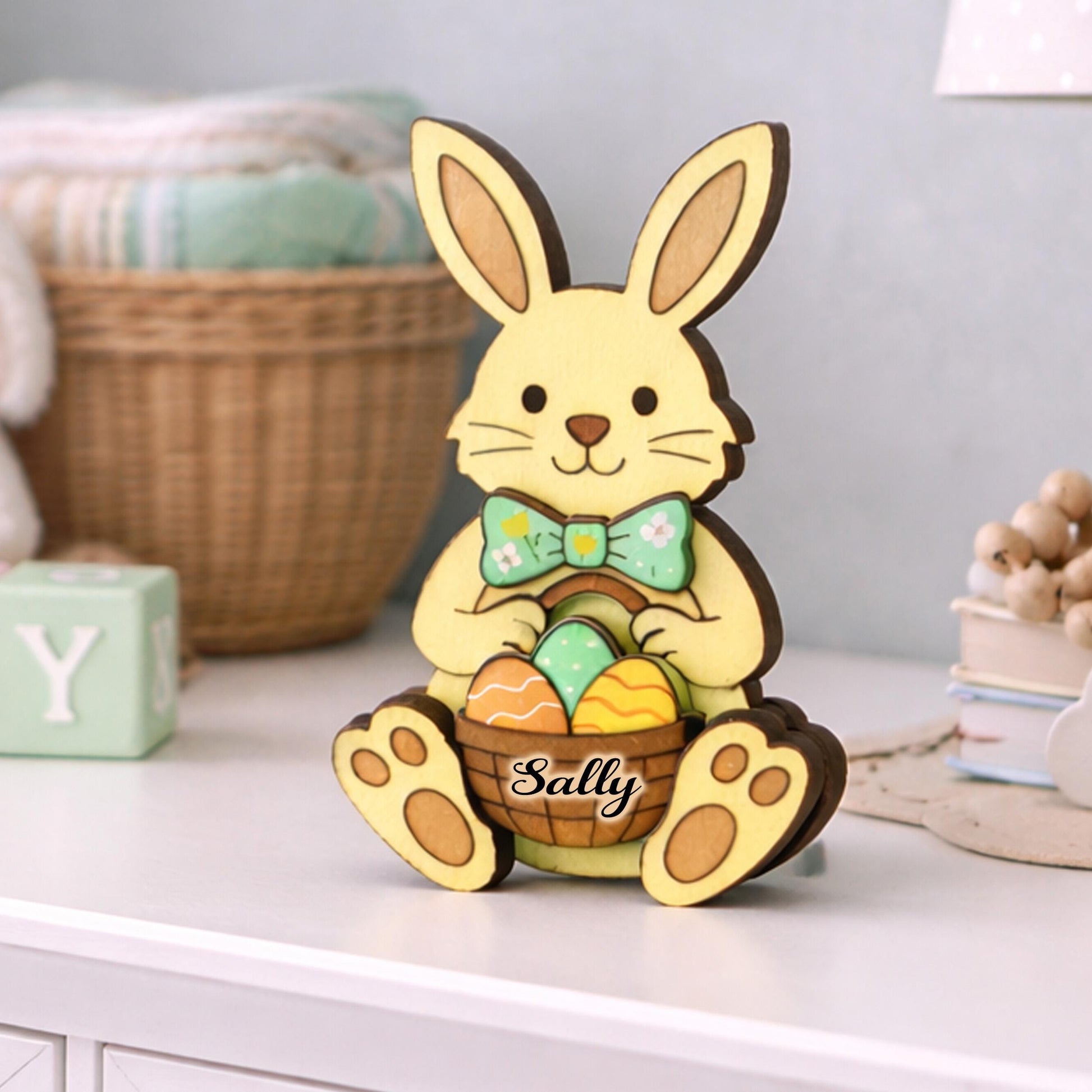 Easter Bunny Shelf Sitter – Personalized Wooden Decor, Two Sizes, Basket of Eggs, Perfect Mantel or Tiered Tray Decor