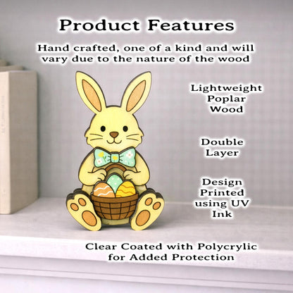 Easter Bunny Shelf Sitter – Personalized Wooden Decor, Two Sizes, Basket of Eggs, Perfect Mantel or Tiered Tray Decor