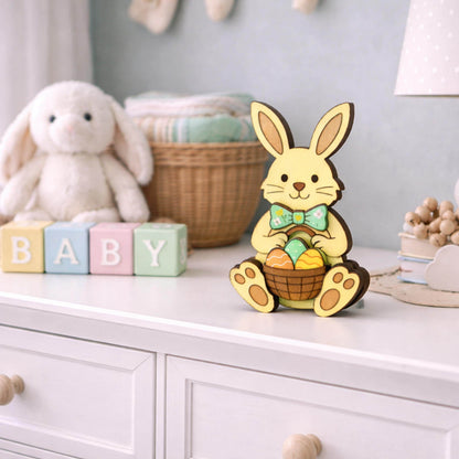 Easter Bunny Shelf Sitter – Personalized Wooden Decor, Two Sizes, Basket of Eggs, Perfect Mantel or Tiered Tray Decor