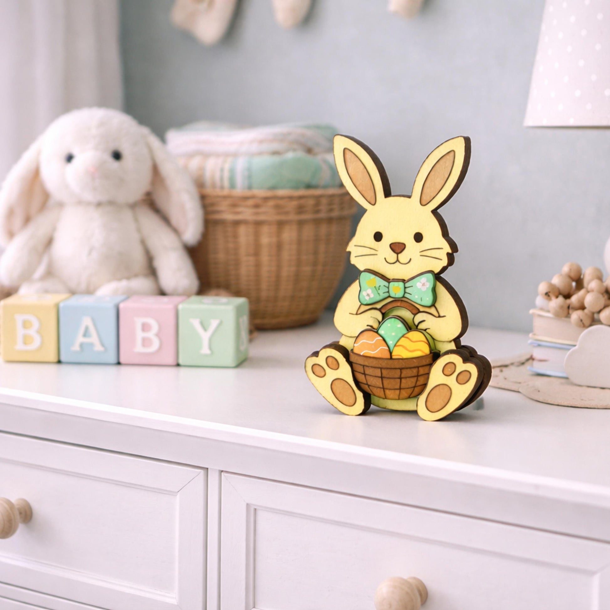 Easter Bunny Shelf Sitter – Personalized Wooden Decor, Two Sizes, Basket of Eggs, Perfect Mantel or Tiered Tray Decor