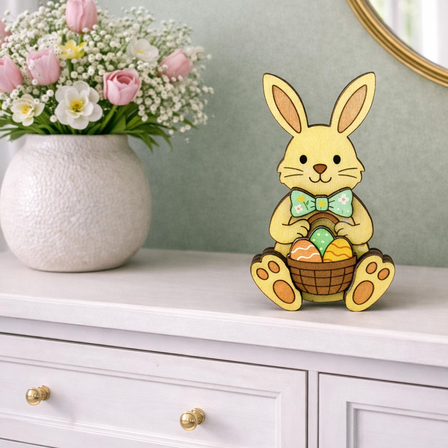 Easter Bunny Shelf Sitter – Personalized Wooden Decor, Two Sizes, Basket of Eggs, Perfect Mantel or Tiered Tray Decor