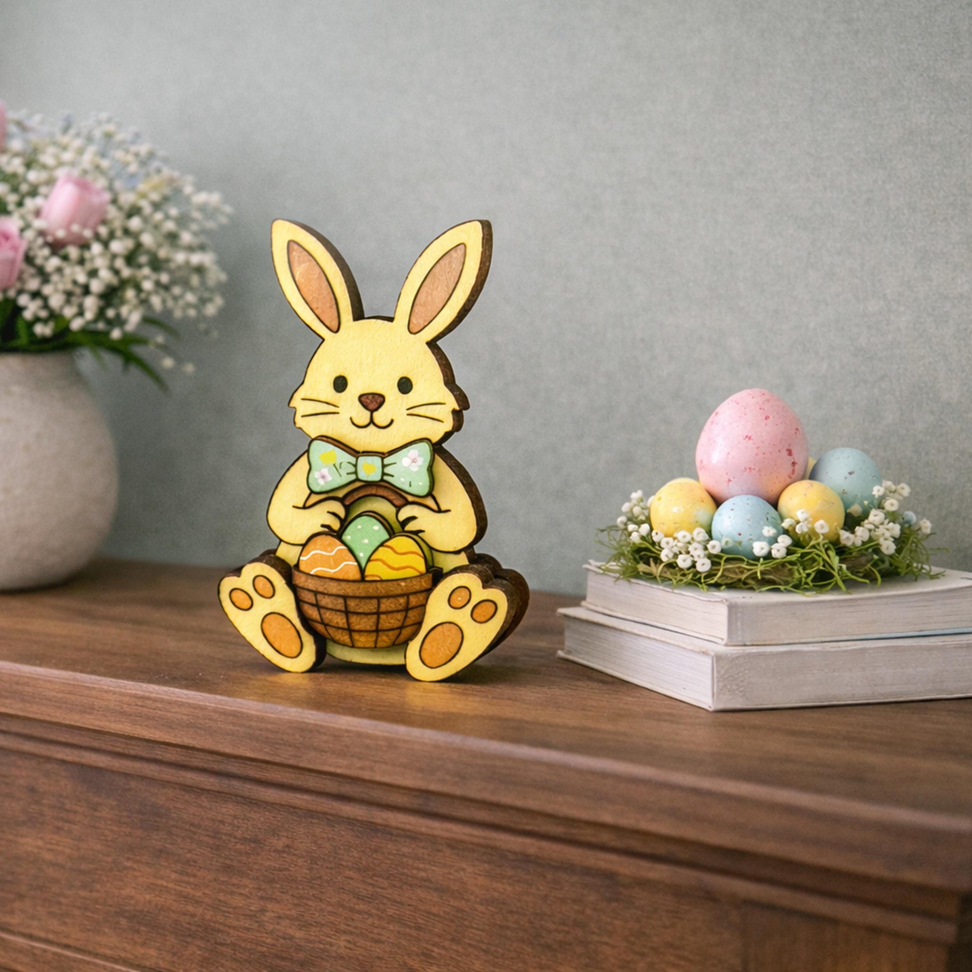 Easter Bunny Shelf Sitter – Personalized Wooden Decor, Two Sizes, Basket of Eggs, Perfect Mantel or Tiered Tray Decor
