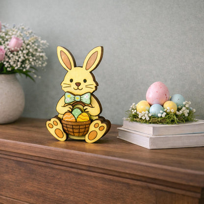 Easter Bunny Shelf Sitter – Personalized Wooden Decor, Two Sizes, Basket of Eggs, Perfect Mantel or Tiered Tray Decor