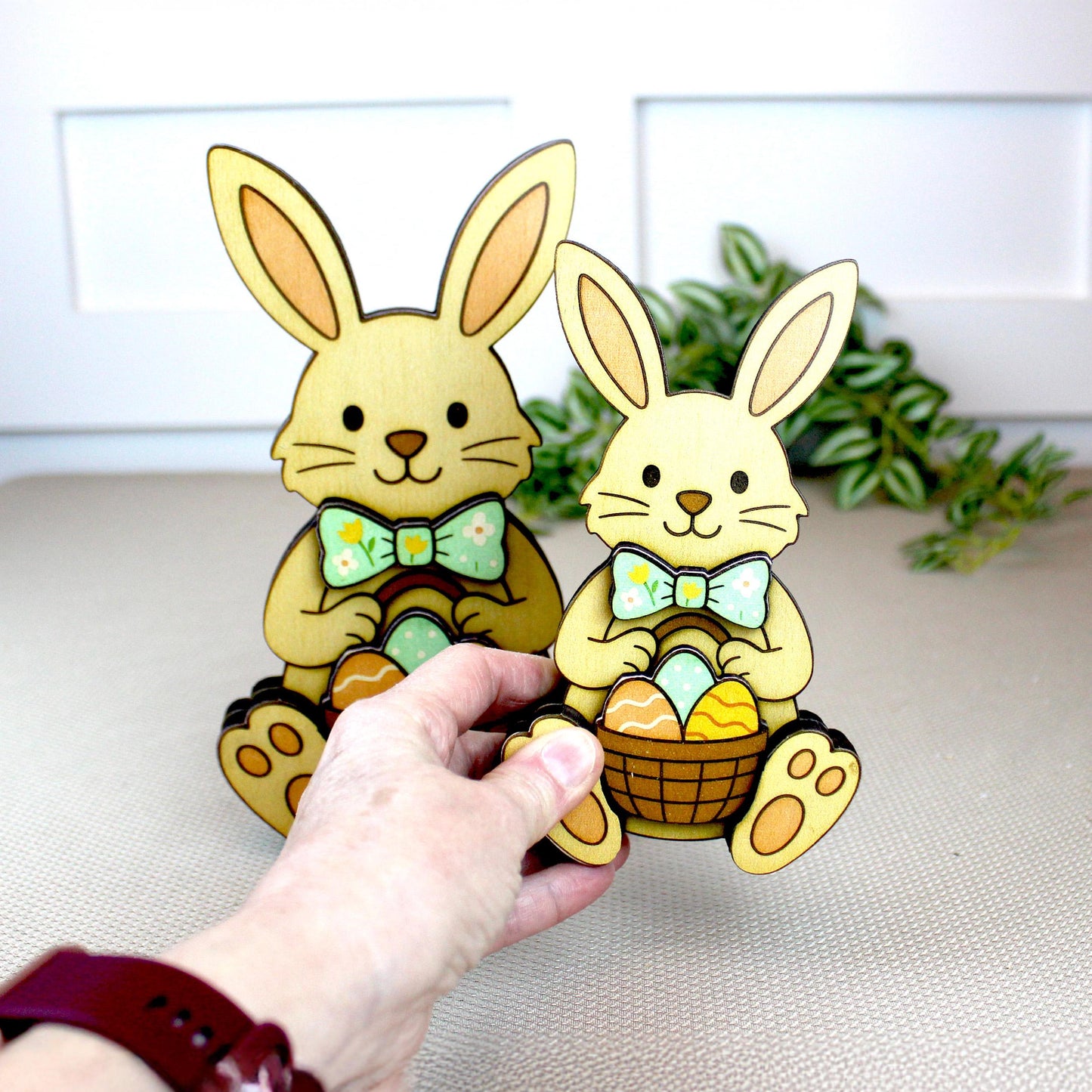 Easter Bunny Shelf Sitter – Personalized Wooden Decor, Two Sizes, Basket of Eggs, Perfect Mantel or Tiered Tray Decor