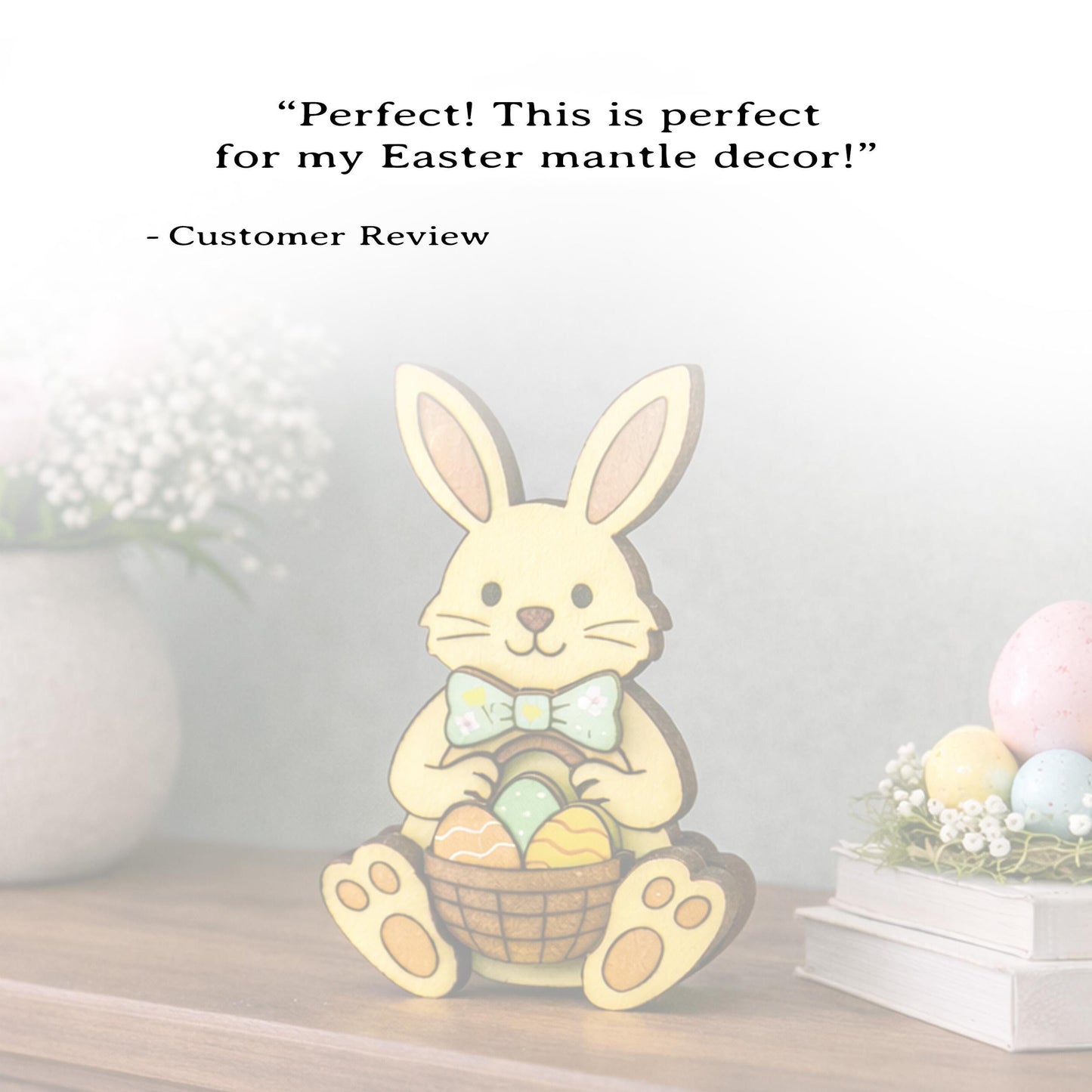 Easter Bunny Shelf Sitter – Personalized Wooden Decor, Two Sizes, Basket of Eggs, Perfect Mantel or Tiered Tray Decor